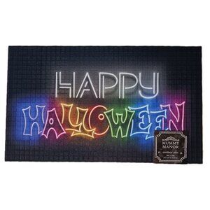 Happy Halloween Outdoor Mat 18'' x 30'' Black Neon Rubber Back Mummy Manor